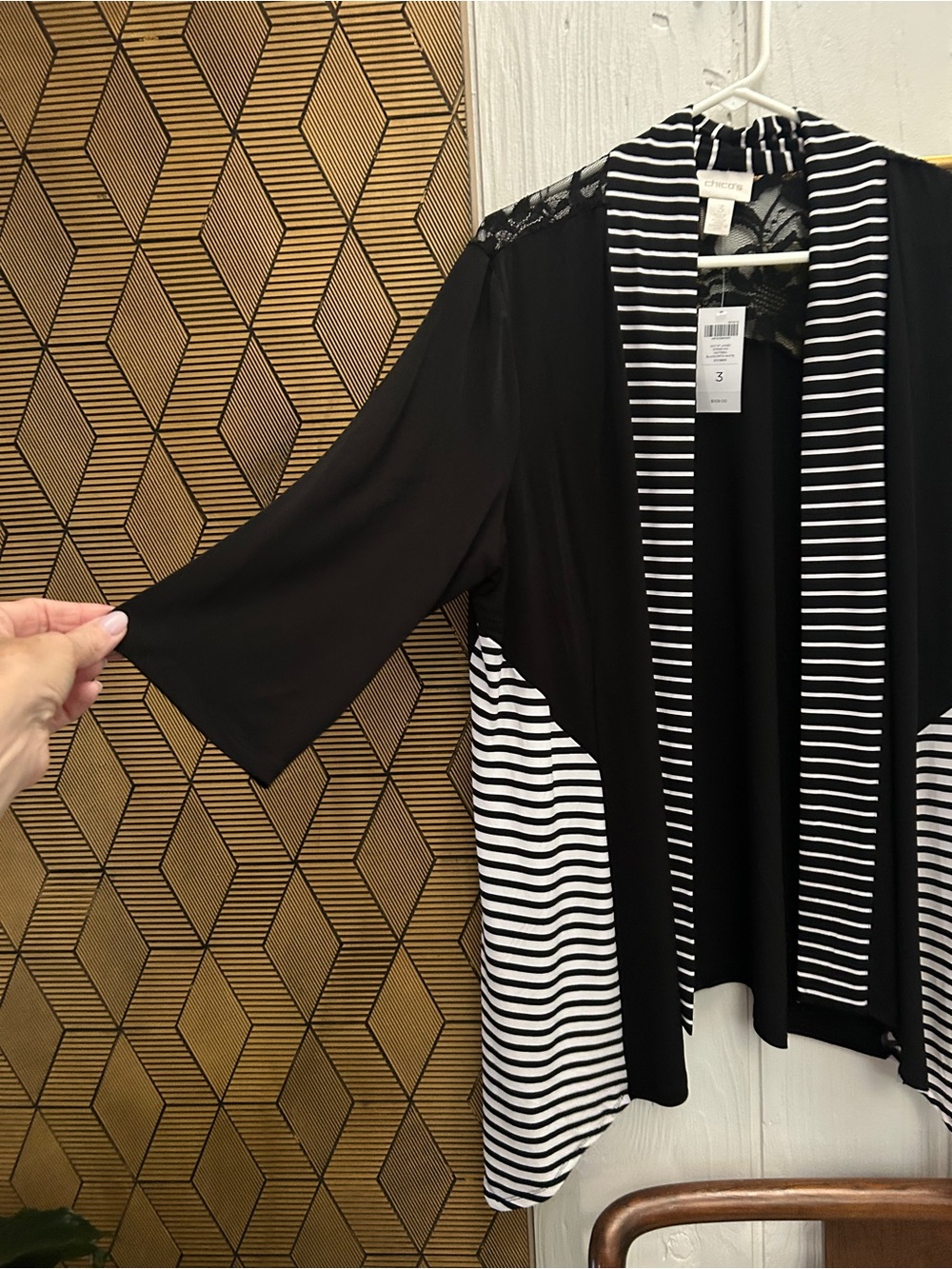 Chico's Black Cardigan with Black-and-White Striped Trim - Picture 4 of 6
